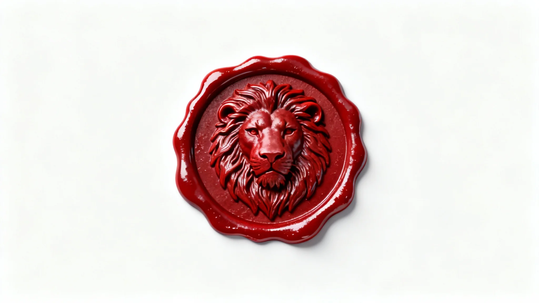 A photorealistic mockup of a detailed, deep red wax seal featuring an embossed lion head, shown on a clean white background to represent a transparent PNG file.