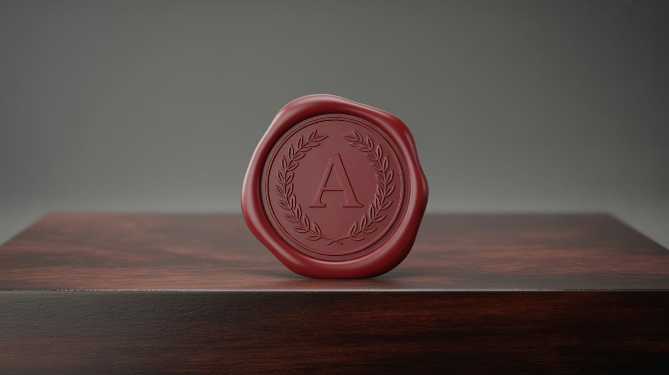 A photorealistic red wax seal embossed with the letter 'A' and a laurel wreath, isolated on a clean white background.