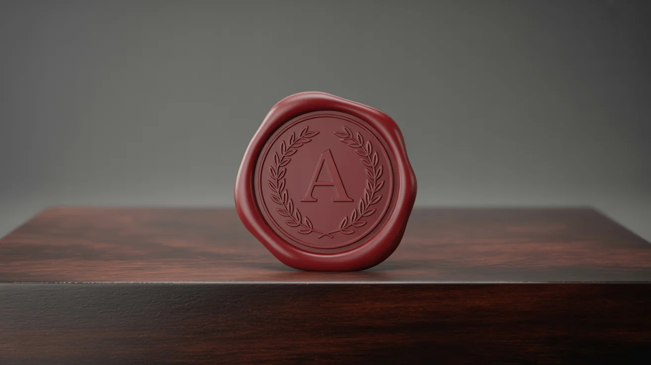A photorealistic red wax seal embossed with the letter 'A' and a laurel wreath, isolated on a clean white background.