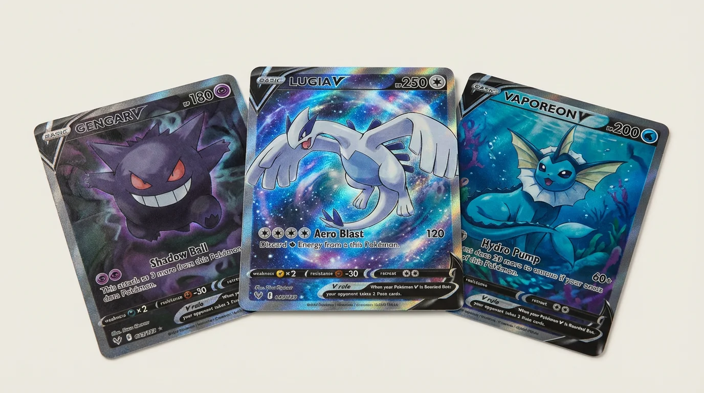 Three professionally designed full-art custom Pokémon cards displayed on a clean background, featuring a holographic Lugia, a spectral Gengar, and a vibrant Vaporeon, showcasing the final output of a card design tool.