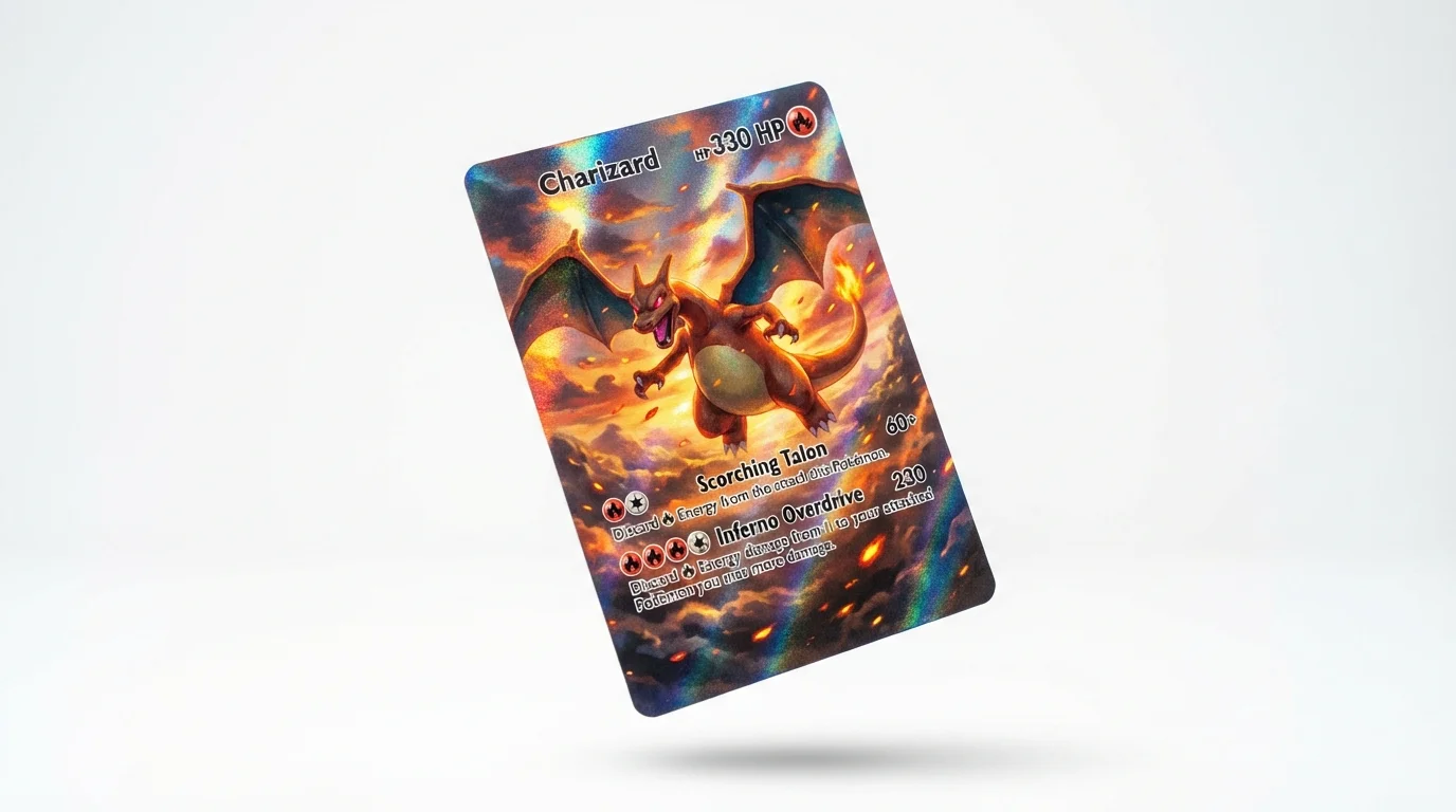 A custom full-art Pokémon card featuring a highly detailed illustration of Charizard flying through a fiery sky. The card has a holographic finish and is displayed against a clean white background.