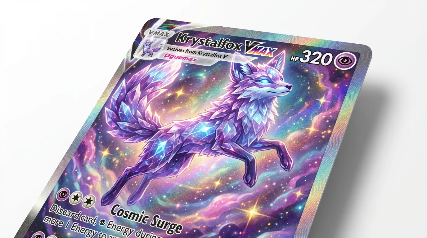 A mockup of a full-art, Pokémon-style trading card named 'Krystalfox VMAX', featuring a crystalline fox against a cosmic background, displayed on a white surface.