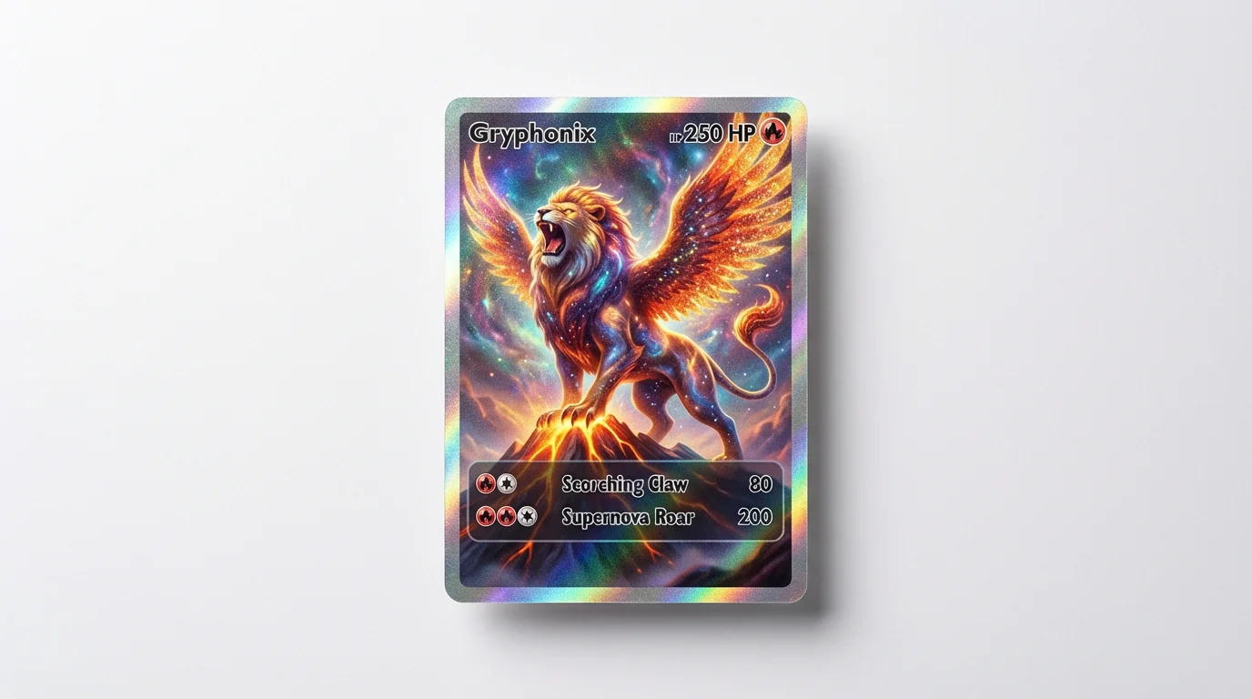 A full art custom Pokémon-style trading card featuring a fiery Gryphon creature, presented as a holographic collectible mockup against a clean white background.
