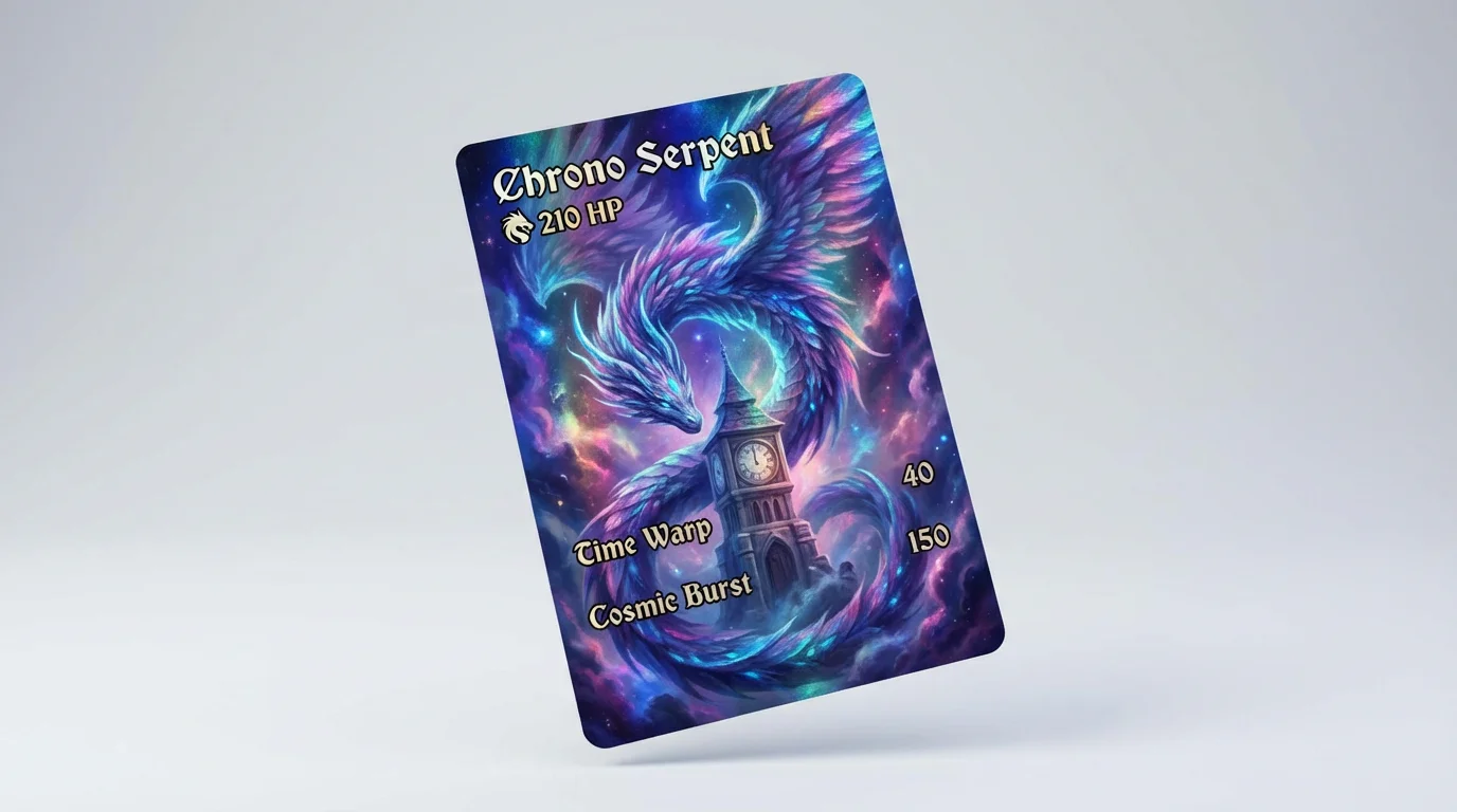 A full art, holographic trading card resembling a Pokémon card, featuring a serpentine dragon creature against a white background.