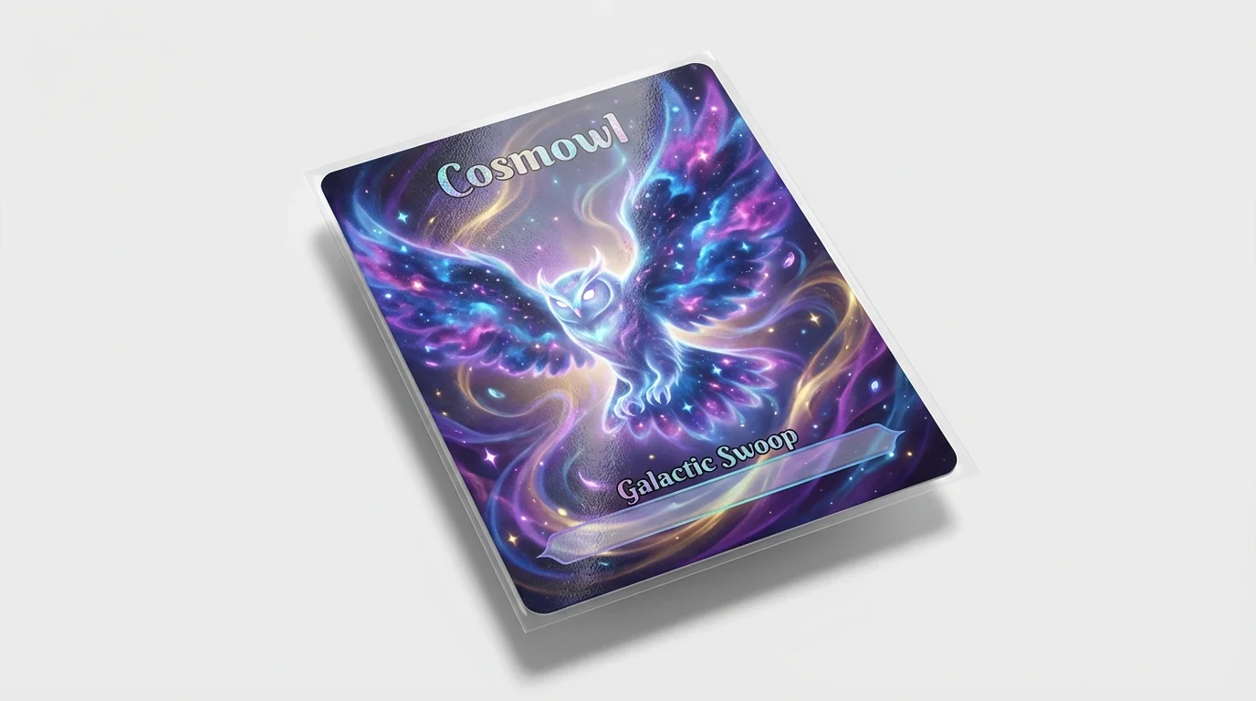 A full art, Pokémon-style trading card mockup featuring a cosmic owl flying through a galaxy. The card is displayed at an angle on a clean white background.