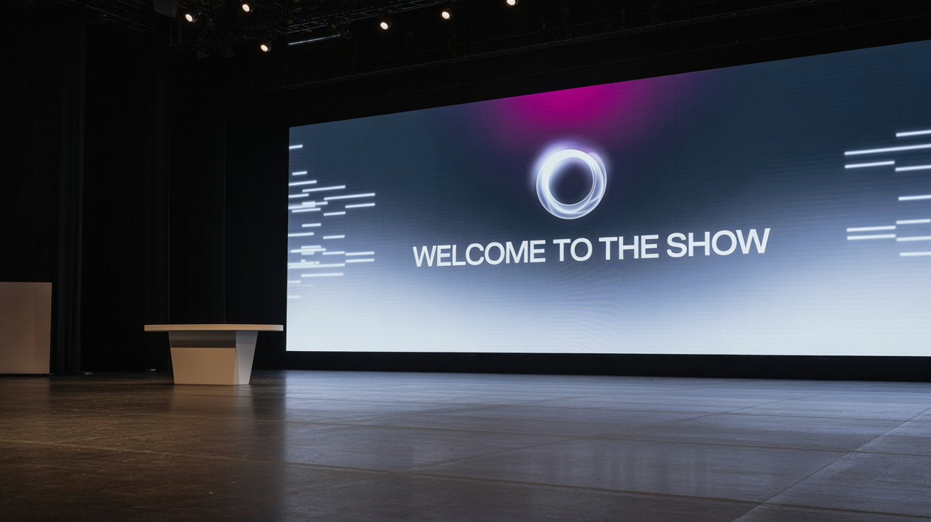 A wide-angle view of an empty, professionally lit conference stage featuring a large LED screen background. The screen displays a blue and purple gradient, a central circular logo, and the text 'WELCOME TO THE SHOW'.