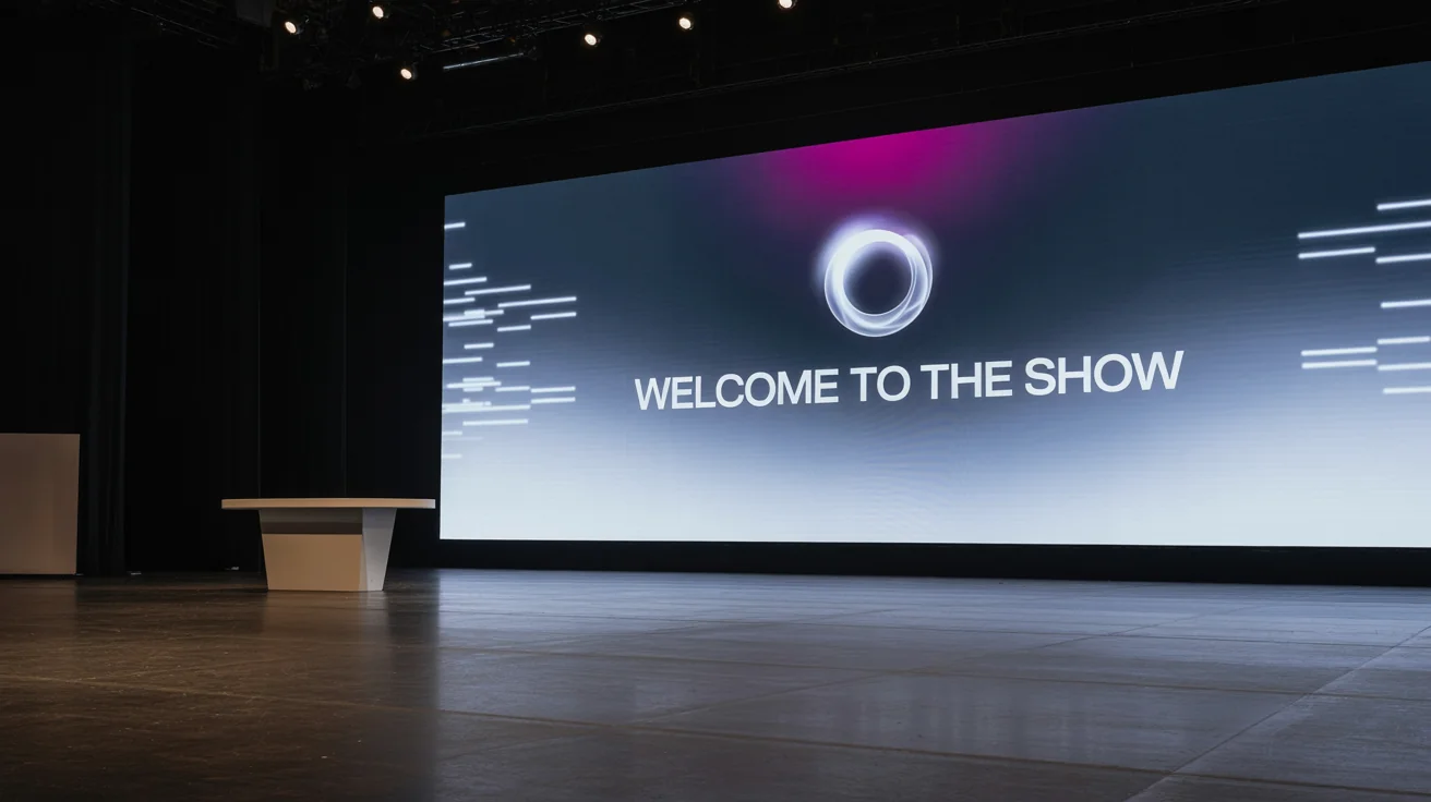 A wide-angle view of an empty, professionally lit conference stage featuring a large LED screen background. The screen displays a blue and purple gradient, a central circular logo, and the text 'WELCOME TO THE SHOW'.