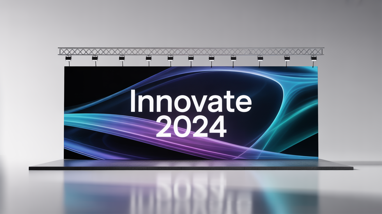 A modern, empty conference stage featuring a large LED screen as a background. The screen displays a dynamic, abstract design with blue and purple lights and the text 'INNOVATE 2024'.