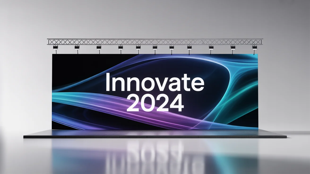 A modern, empty conference stage featuring a large LED screen as a background. The screen displays a dynamic, abstract design with blue and purple lights and the text 'INNOVATE 2024'.