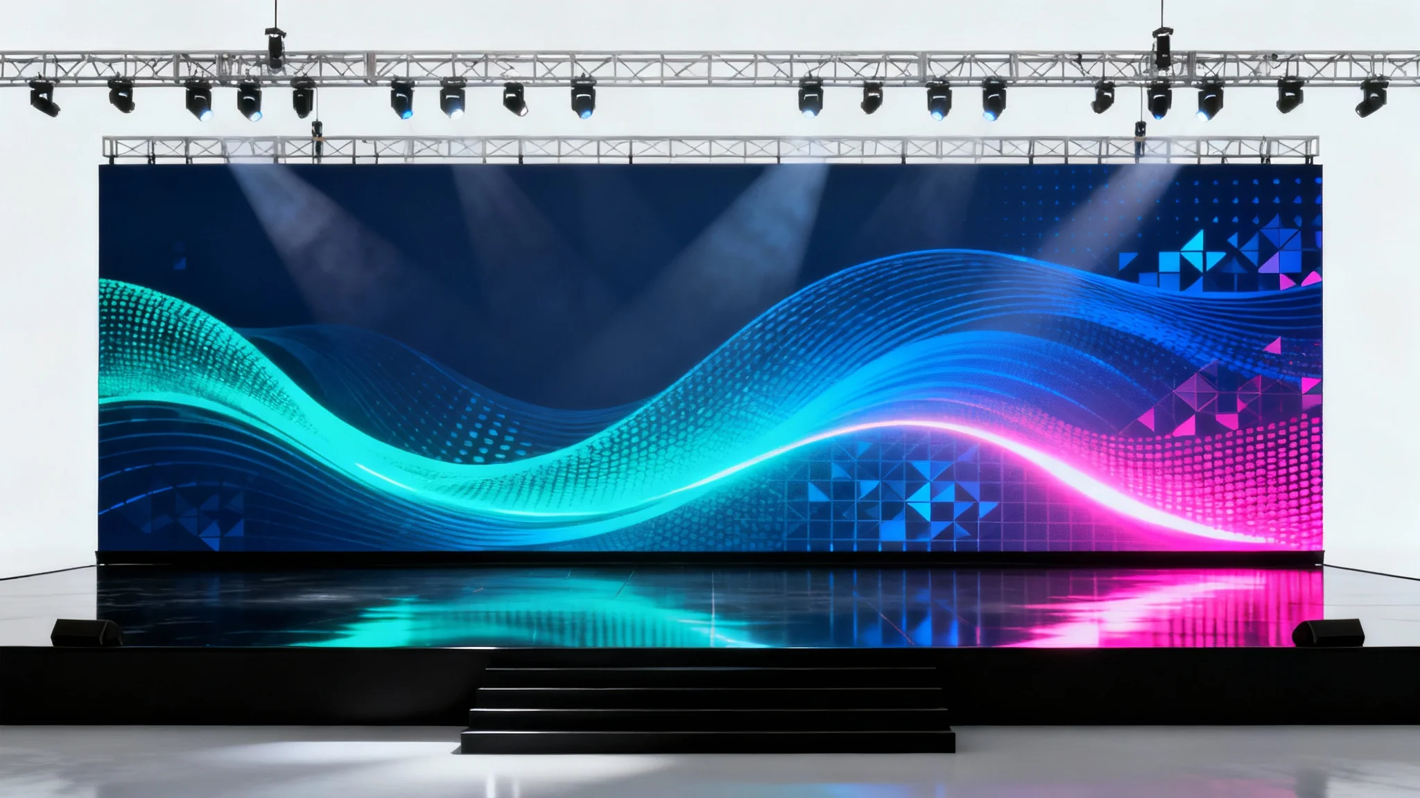 A mockup of a modern event stage with a polished black floor and a large LED screen backdrop showing an abstract design of blue and magenta waves, all on a clean white background.