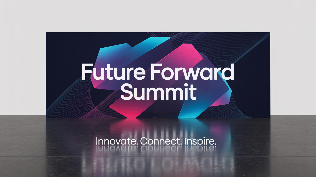 A professional mockup of a modern stage background for a corporate summit, isolated on a white background. The design features a large LED screen with abstract blue and magenta graphics and the text "FUTURE FORWARD SUMMIT".