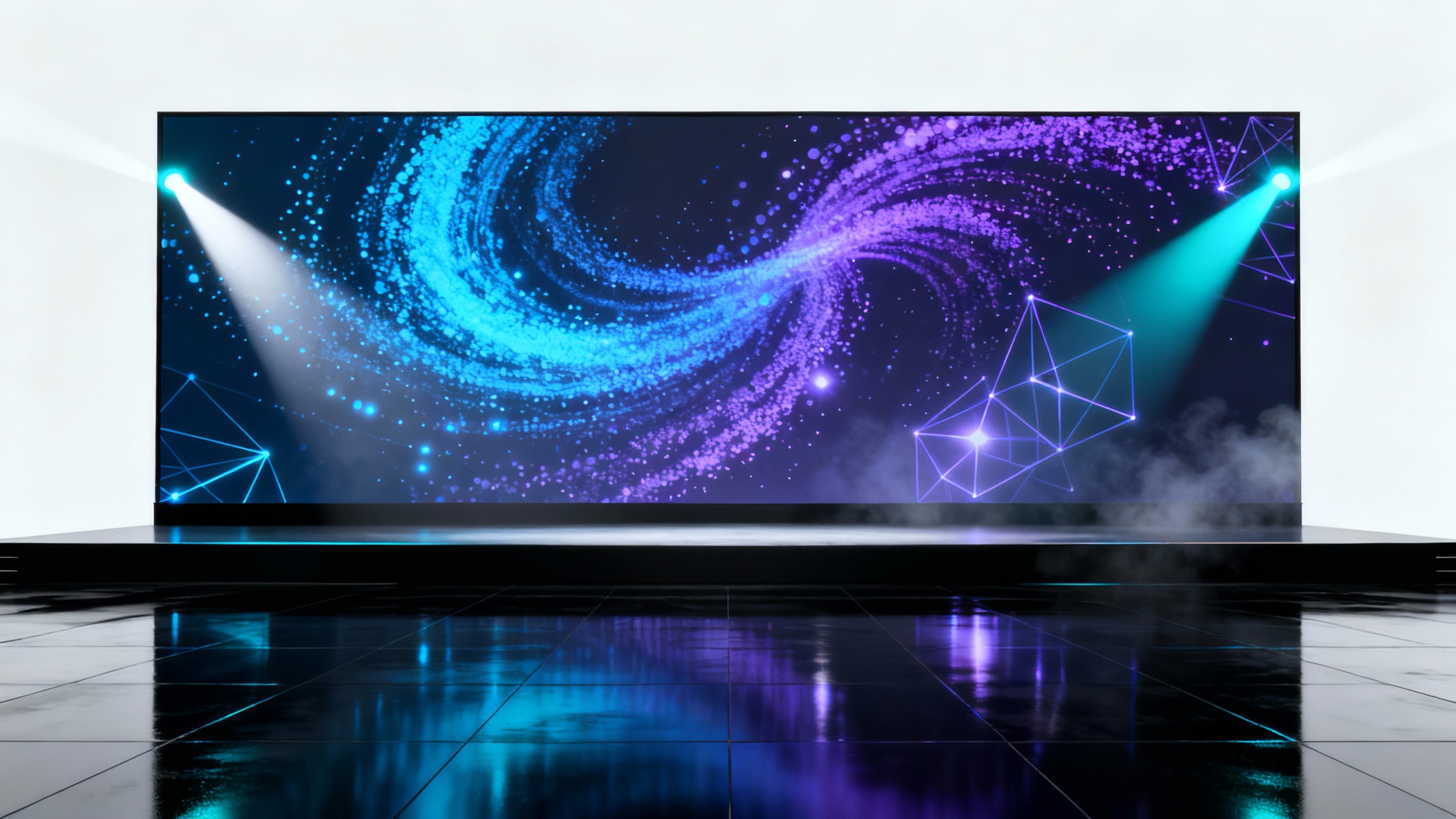 A photorealistic mockup of a modern, empty stage with a glossy black floor. The background is a large LED screen displaying abstract blue and purple light patterns, all set against a solid white background.
