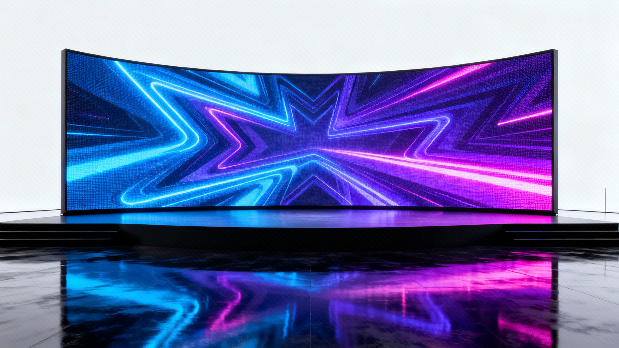 A professional mockup of a stage background design featuring a large, curved LED screen with a vibrant, futuristic geometric pattern, set against a plain white background.