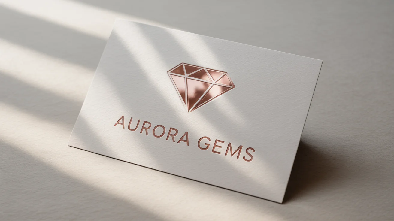 A close-up of a luxury business card featuring a minimalist rose gold foil logo for a jewelry brand named 'AURORA GEMS', with a stylized geometric diamond icon.
