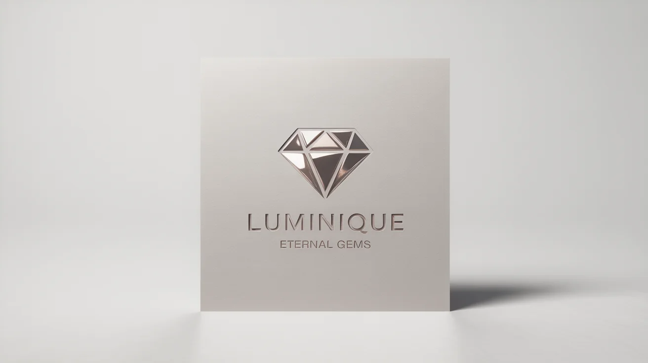 A professional mockup of a luxury diamond logo for a brand named 'LUMINIQUE ETERNAL GEMS'. The logo features a geometric silver foil diamond on matte white paper against a white background, conveying sophistication and elegance.