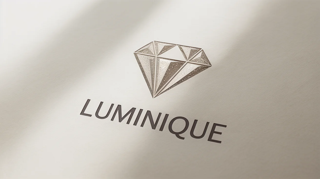 A modern, minimalist logo for a luxury brand named 'LUMINIQUE', featuring a platinum geometric diamond icon on a clean white background.