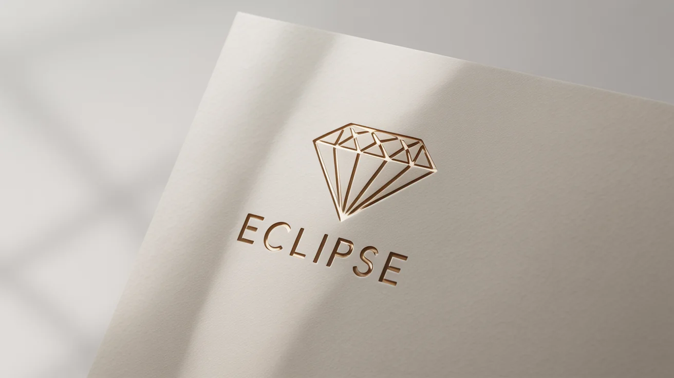 A minimalist and luxurious logo mockup of a geometric gold foil diamond with the brand name 'ECLIPSE' embossed on a premium white card, against a clean white background.