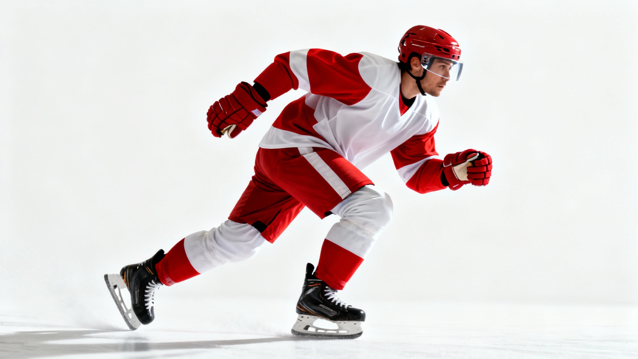 A dynamic, full-body studio photograph of a hockey player in a red and white uniform, skating powerfully against a solid white background.