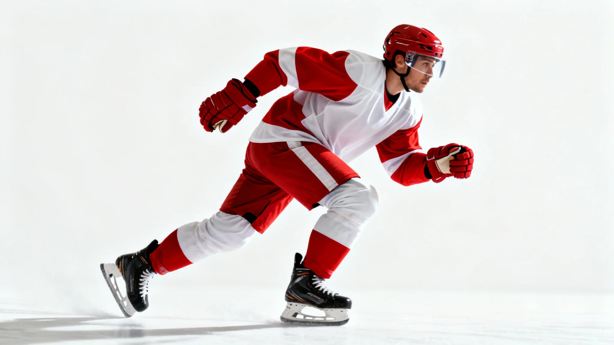 A dynamic, full-body studio photograph of a hockey player in a red and white uniform, skating powerfully against a solid white background.