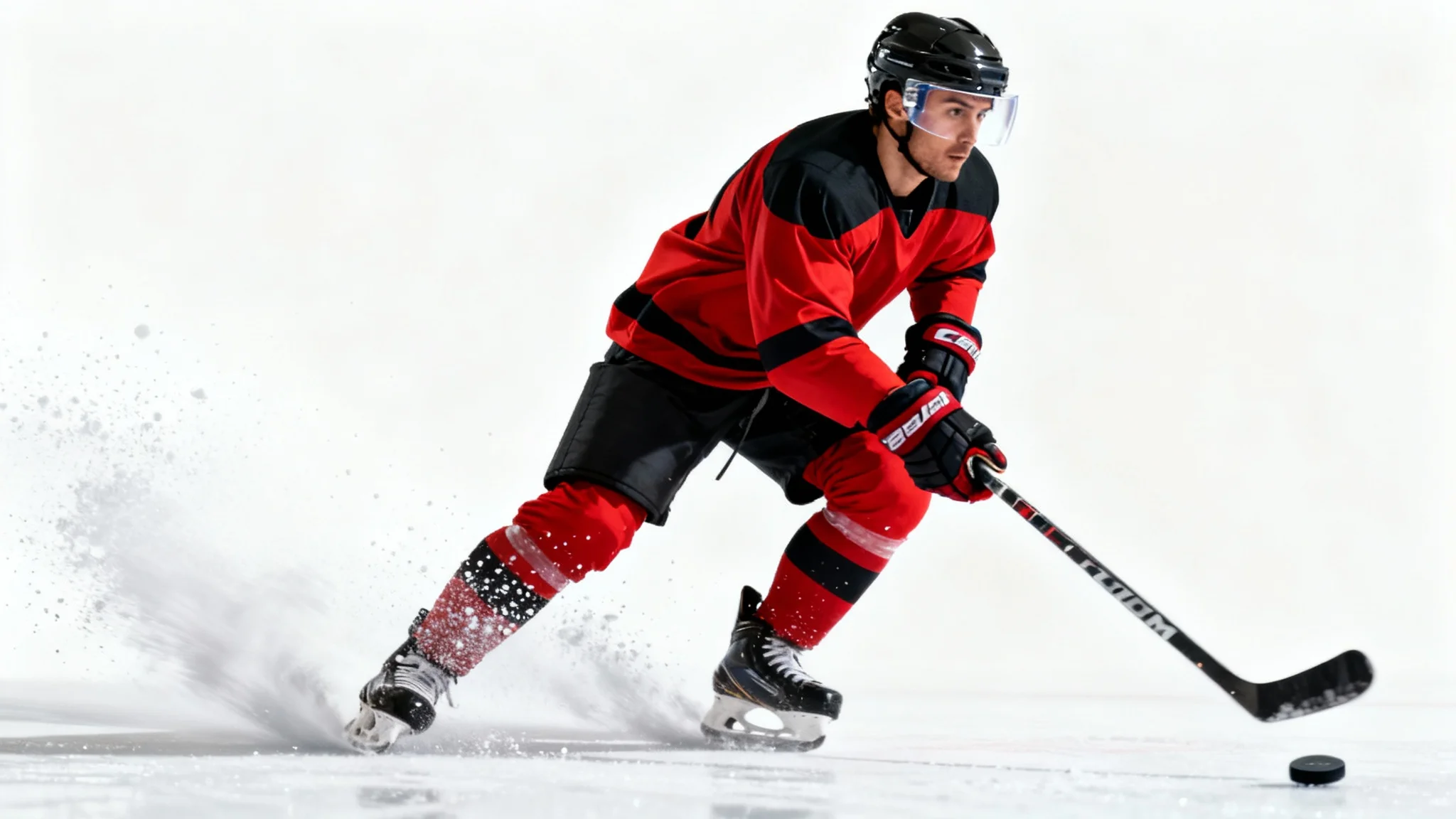 A photorealistic action shot of a professional hockey player in a red and black uniform skating quickly with a puck, isolated against a solid white background.