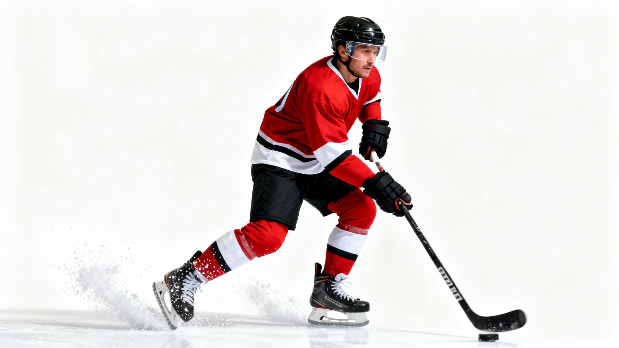 A professional hockey player in a red and black uniform, captured in a dynamic slapshot pose against a clean white background.