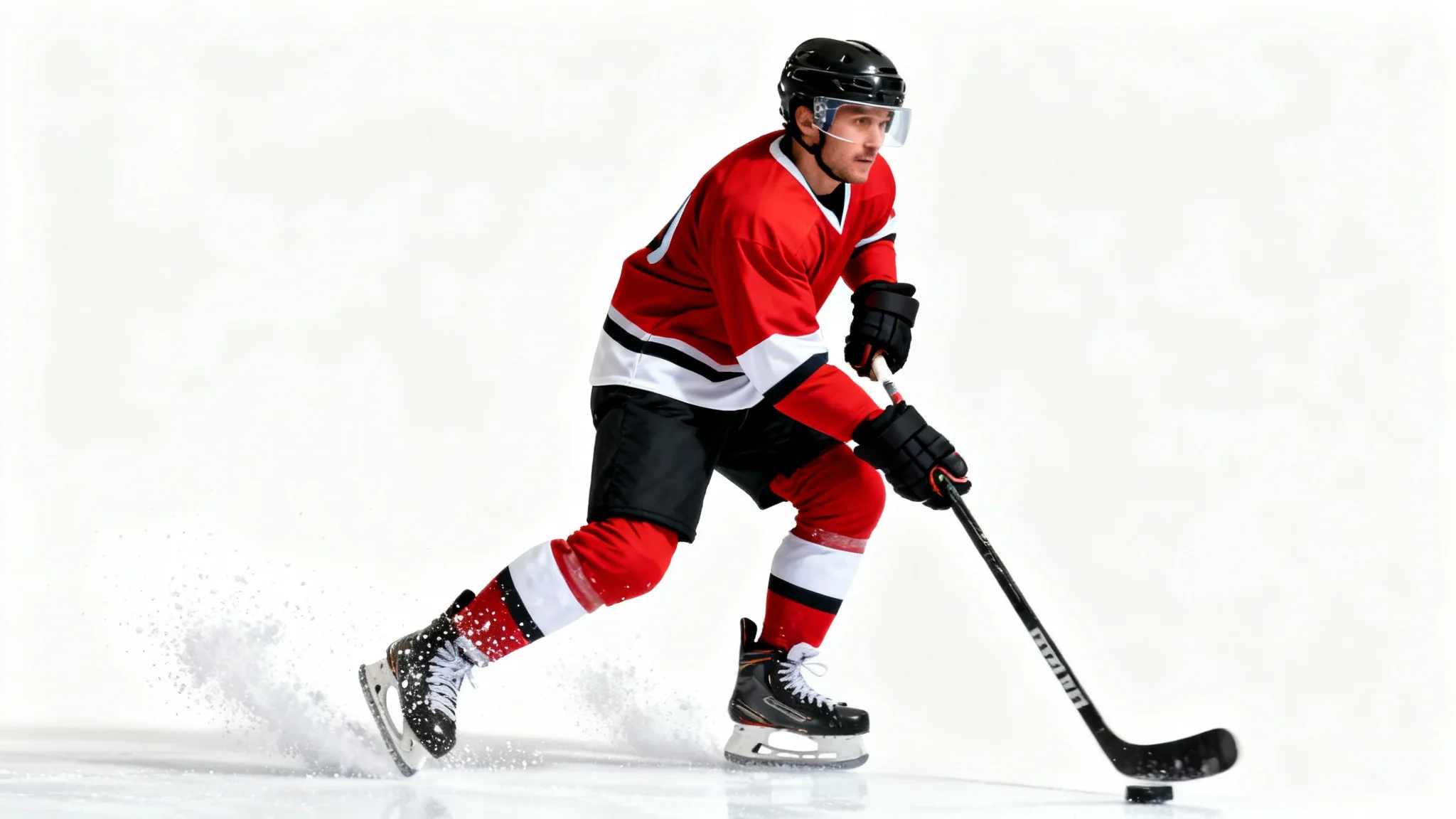 A professional hockey player in a red and black uniform, captured in a dynamic slapshot pose against a clean white background.