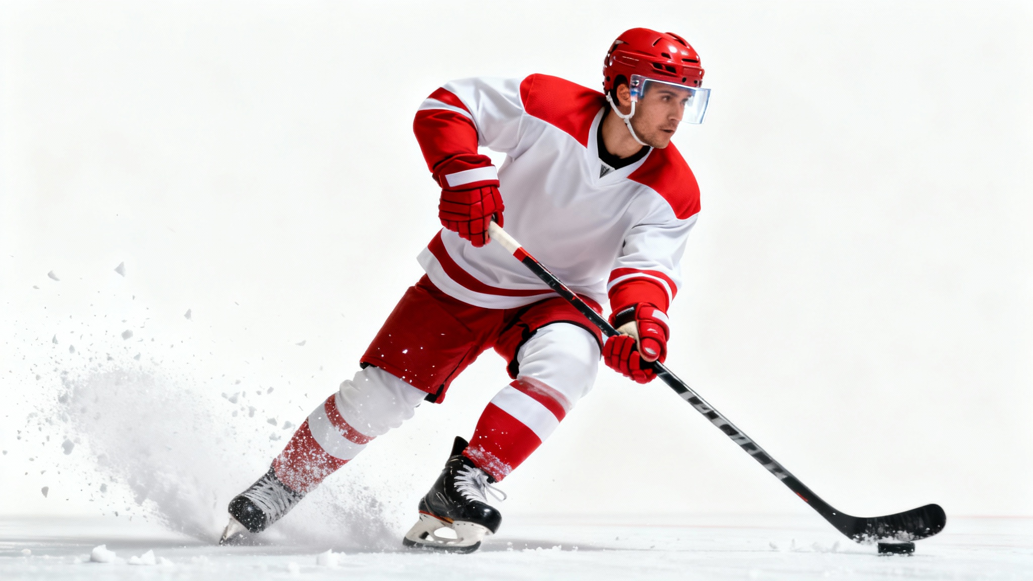 A photorealistic image of a hockey player in a red and white uniform skating dynamically, with ice spraying from their skates, set against a clean white background.