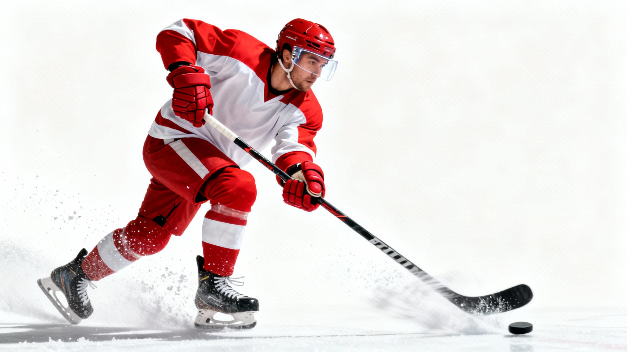 A photorealistic image of a male hockey player in a red and white uniform, captured in the powerful motion of a slapshot against a plain white background.