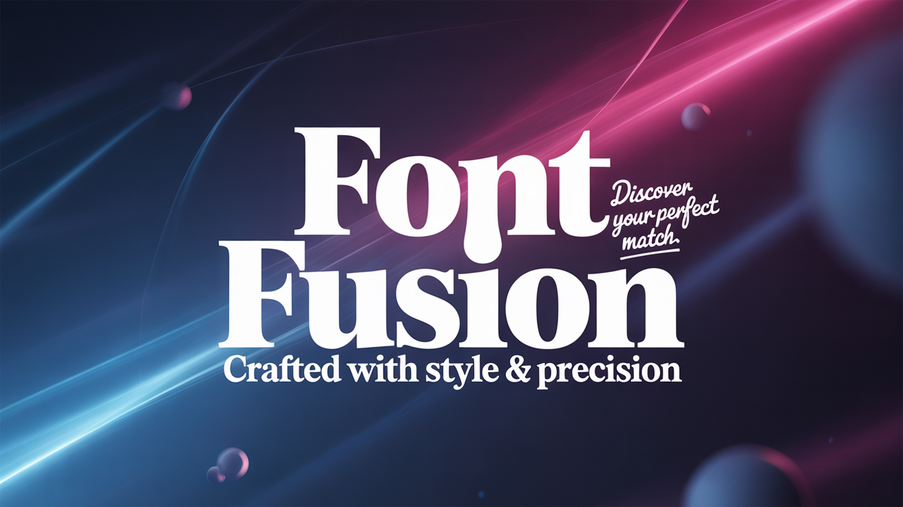A polished graphic design showcasing a blend of fonts. A bold sans-serif headline reads 'Font Fusion', an elegant serif sub-headline says 'Crafted with Style & Precision', and a handwritten accent text says 'Discover your perfect match'. The text is set against a dark blue and magenta gradient background with abstract light effects.