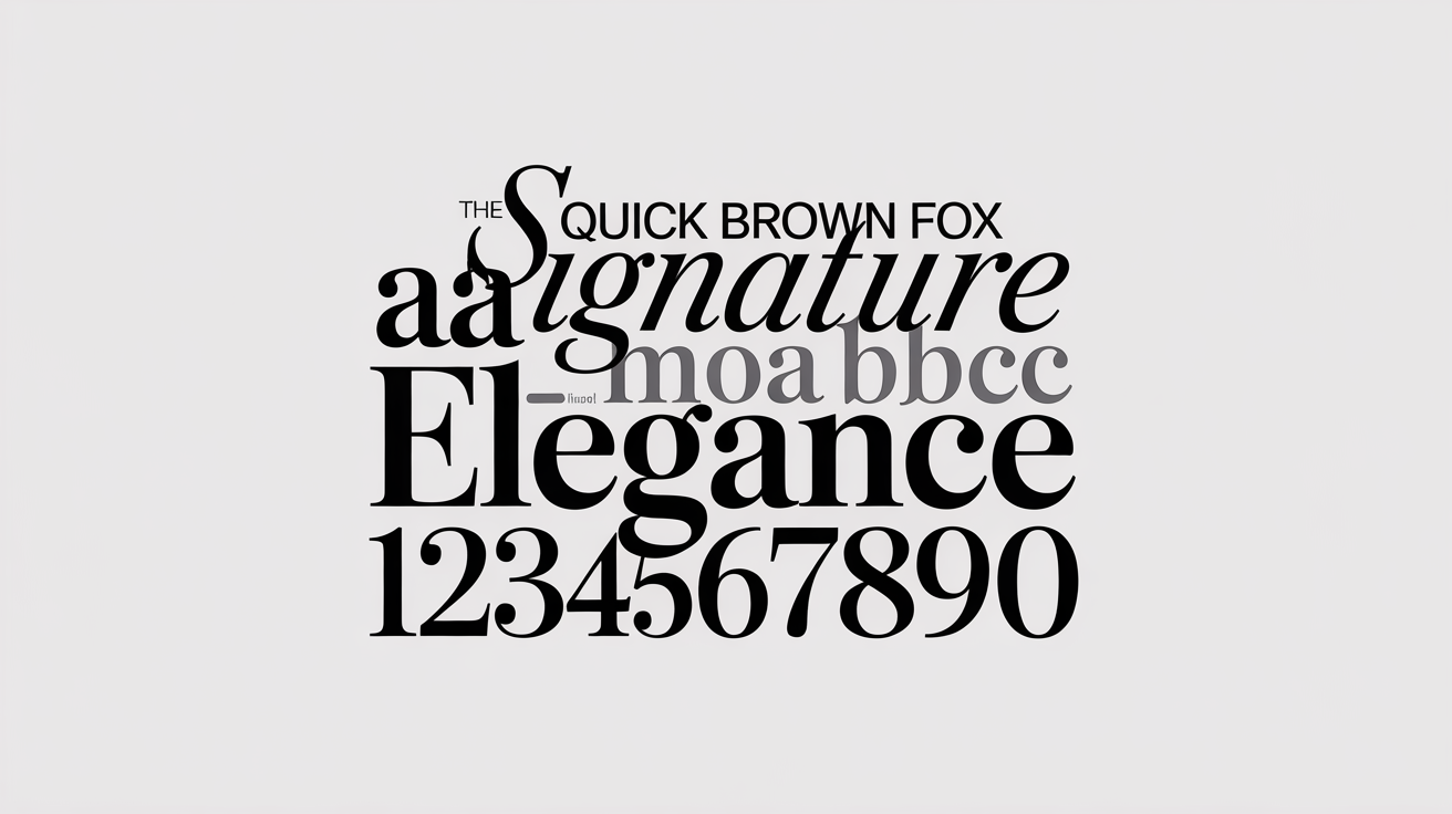 A typographic collage on a white background displaying various font styles. It includes the phrases 'The Quick Brown Fox,' 'Elegance,' 'Signature,' and 'MODERN' in sans-serif, serif, script, and bold display fonts respectively, demonstrating font variety.