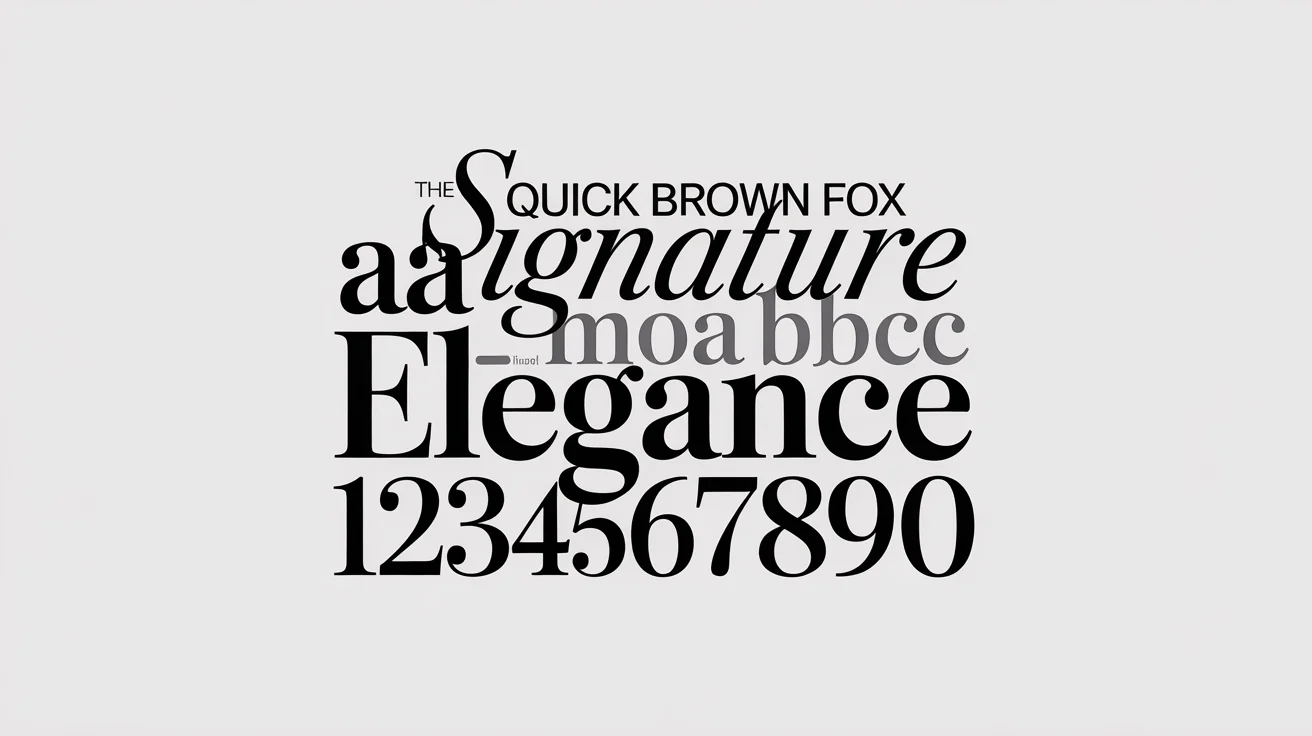A typographic collage on a white background displaying various font styles. It includes the phrases 'The Quick Brown Fox,' 'Elegance,' 'Signature,' and 'MODERN' in sans-serif, serif, script, and bold display fonts respectively, demonstrating font variety.