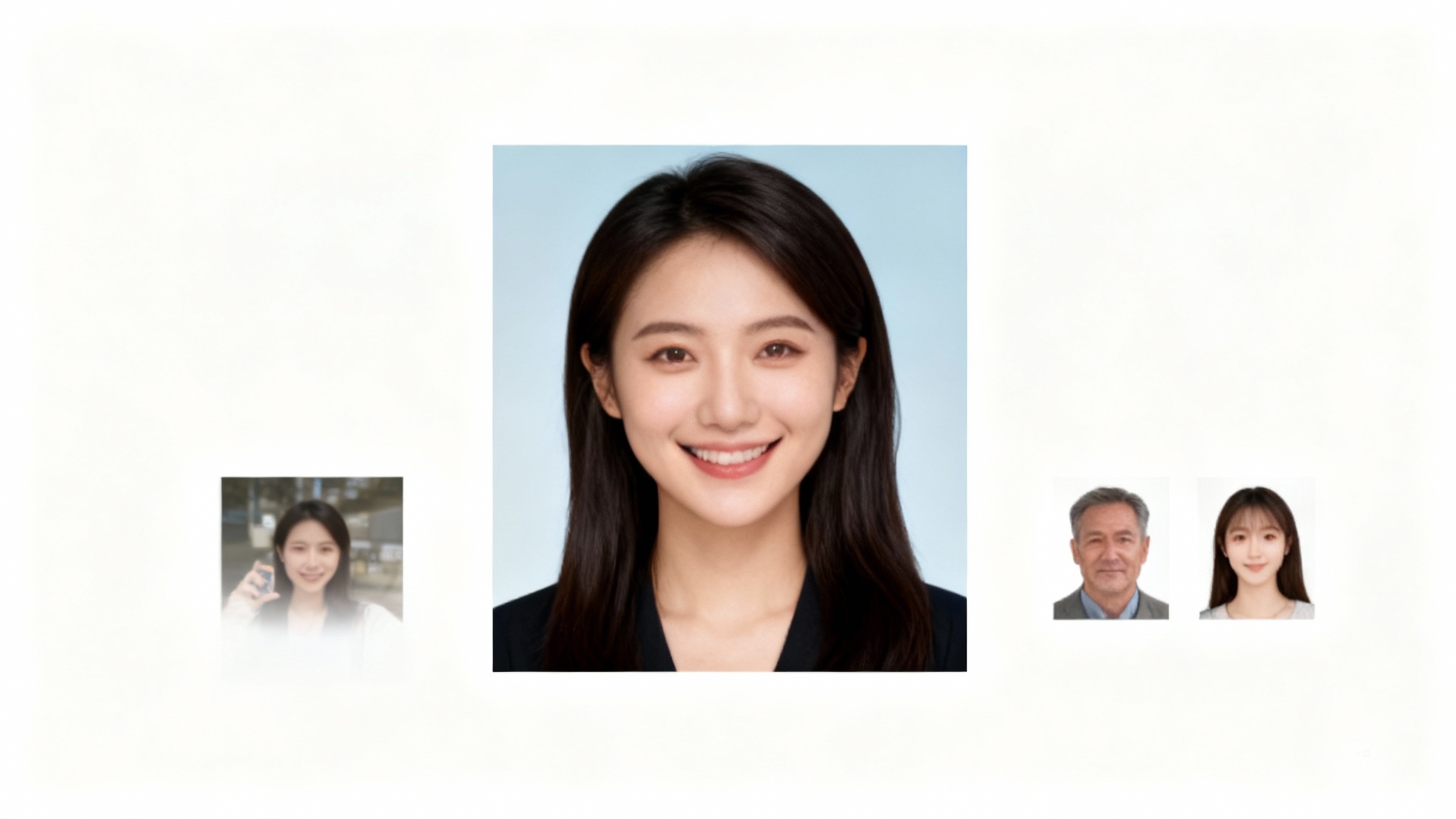 A hero image demonstrating a driver's license photo tool's result, showing a large, perfect ID photo next to a smaller 'before' selfie. Additional examples of flawless ID photos of other people are also displayed on a clean background.