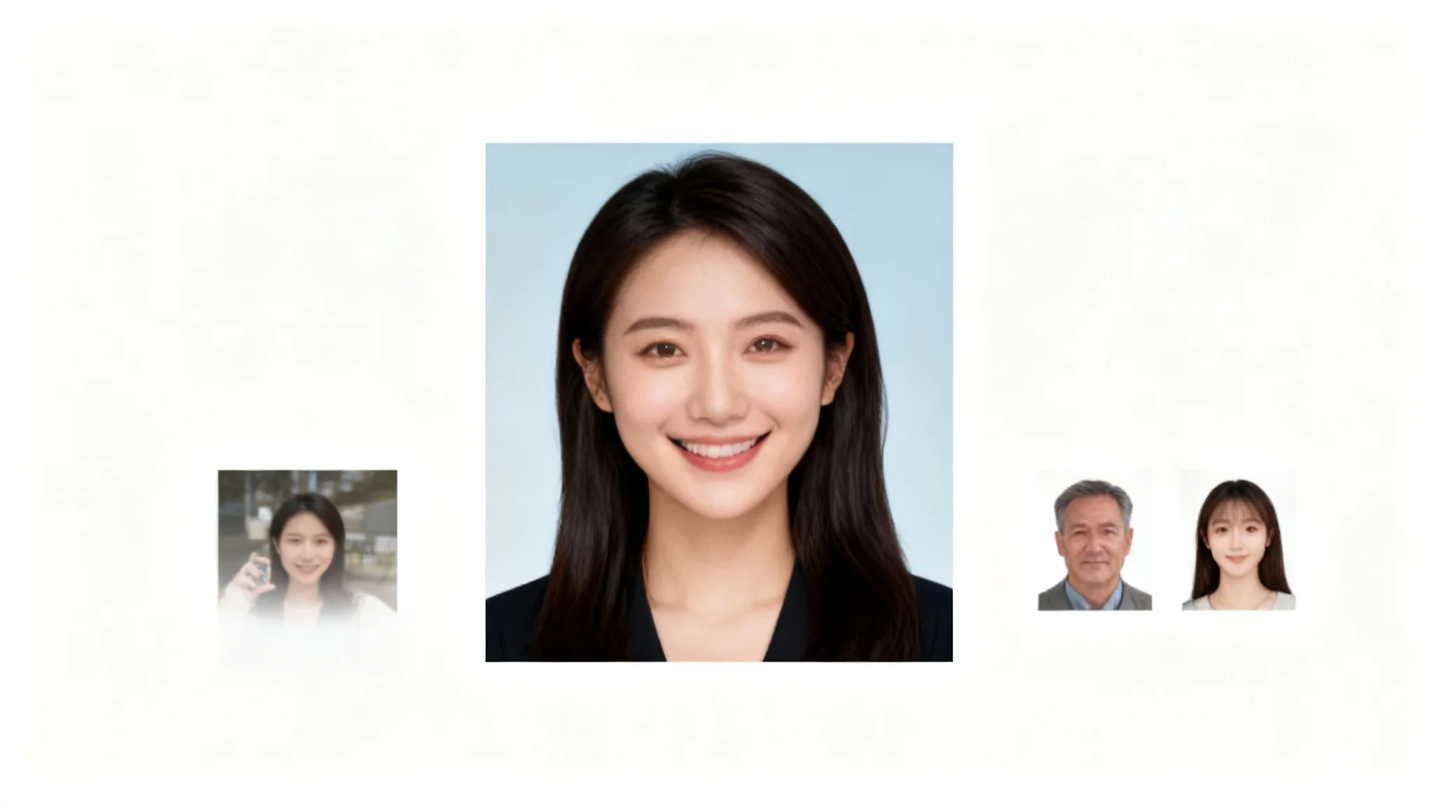 A hero image demonstrating a driver's license photo tool's result, showing a large, perfect ID photo next to a smaller 'before' selfie. Additional examples of flawless ID photos of other people are also displayed on a clean background.