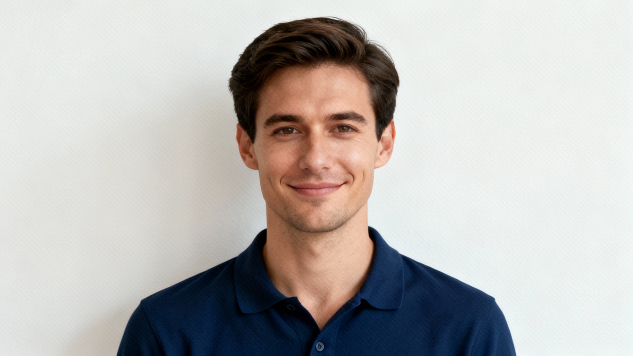A professional, clear headshot of a smiling man in a blue polo shirt, suitable for a driver's license photo, against a plain off-white background.
