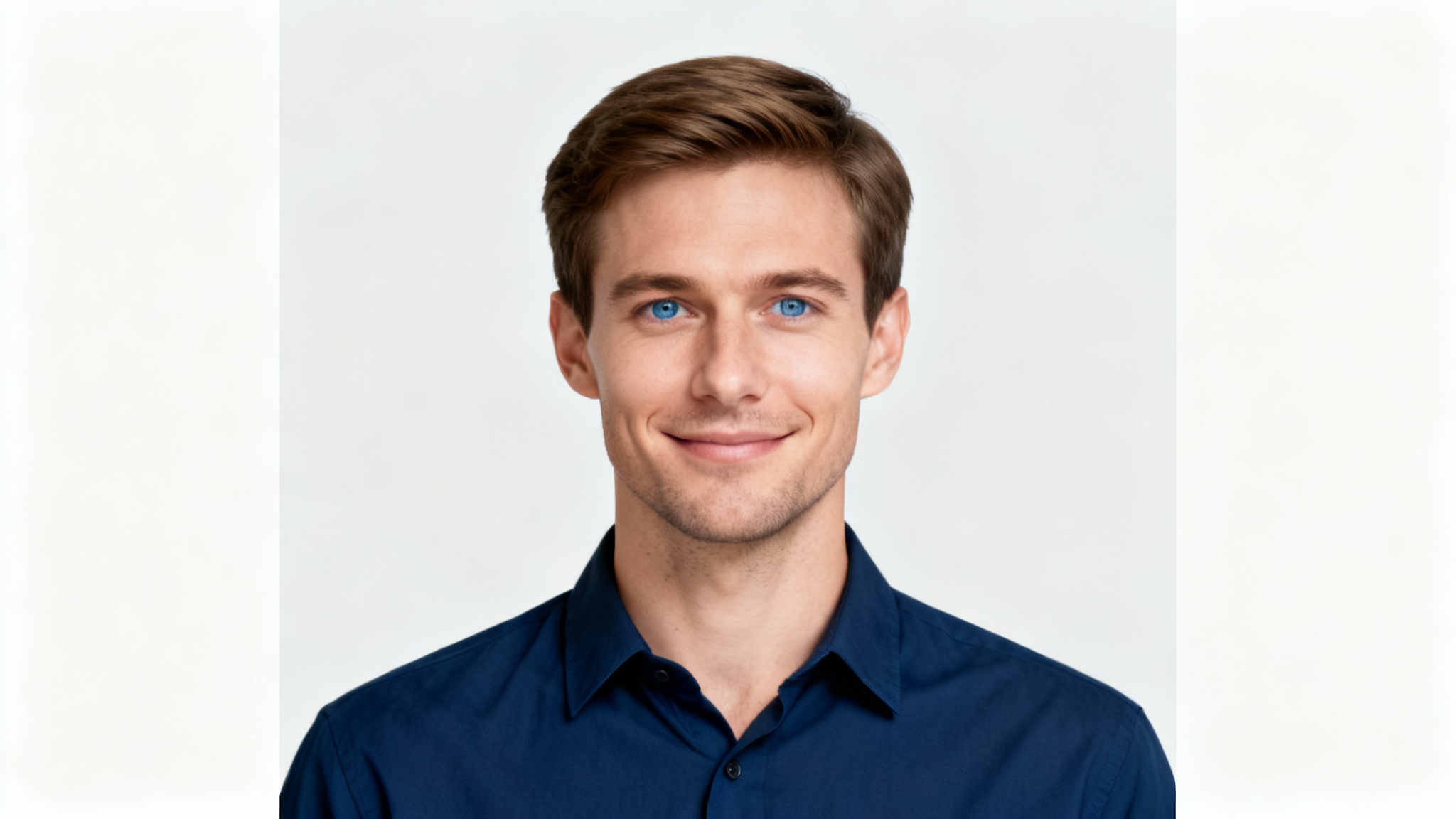 A professional-quality headshot of a man, suitable for a driver's license photo, with a neutral expression and a plain light gray background.