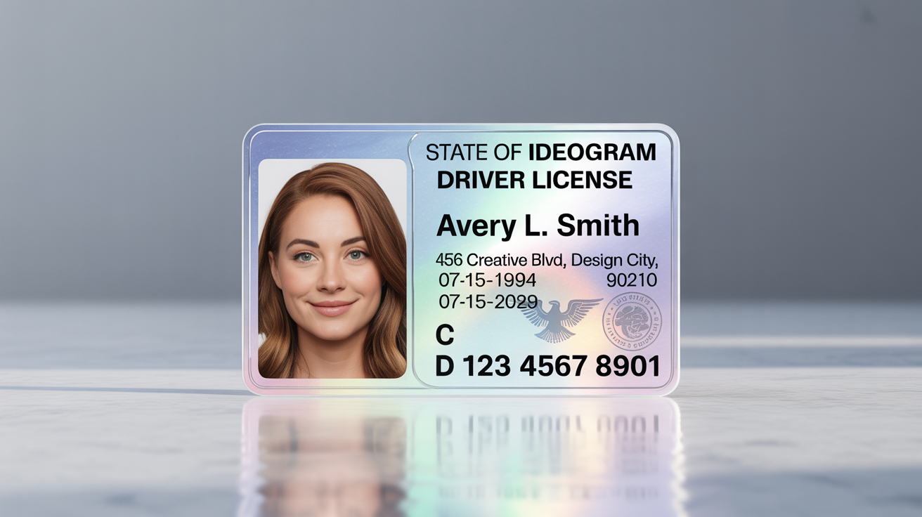 A professional, realistic mockup of a fictional State of Ideogram driver's license for Avery L. Smith, displayed on a clean white background.