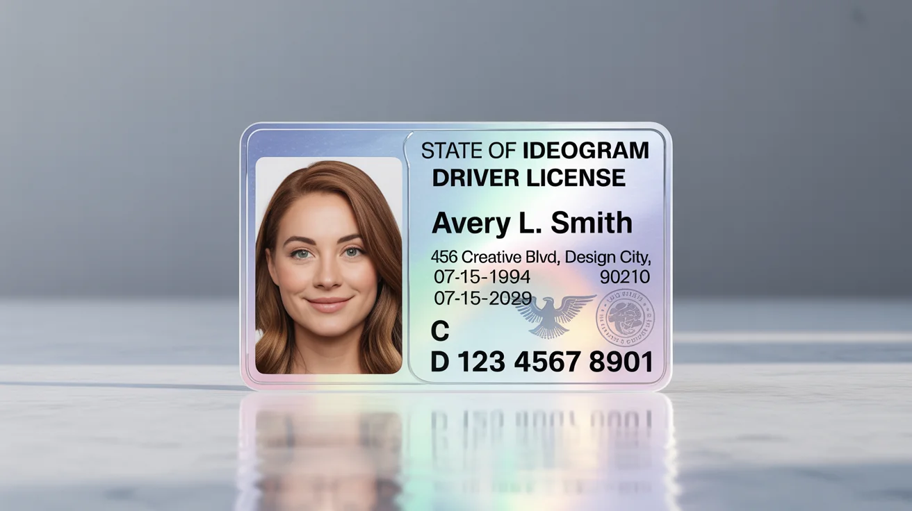 A professional, realistic mockup of a fictional State of Ideogram driver's license for Avery L. Smith, displayed on a clean white background.