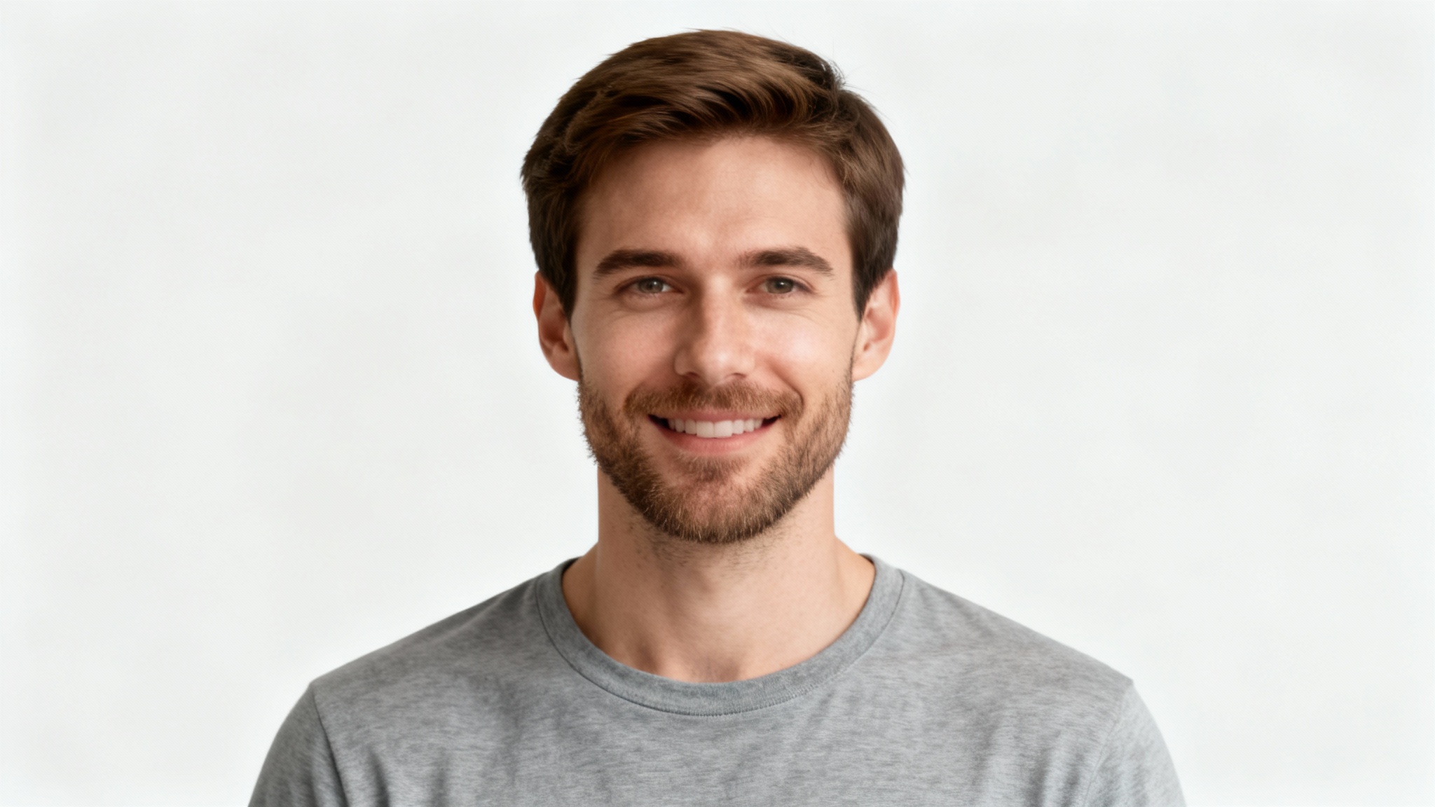 A professional, high-quality headshot of a man with short brown hair and a light beard, suitable for a driver's license photo, set against a plain off-white background.