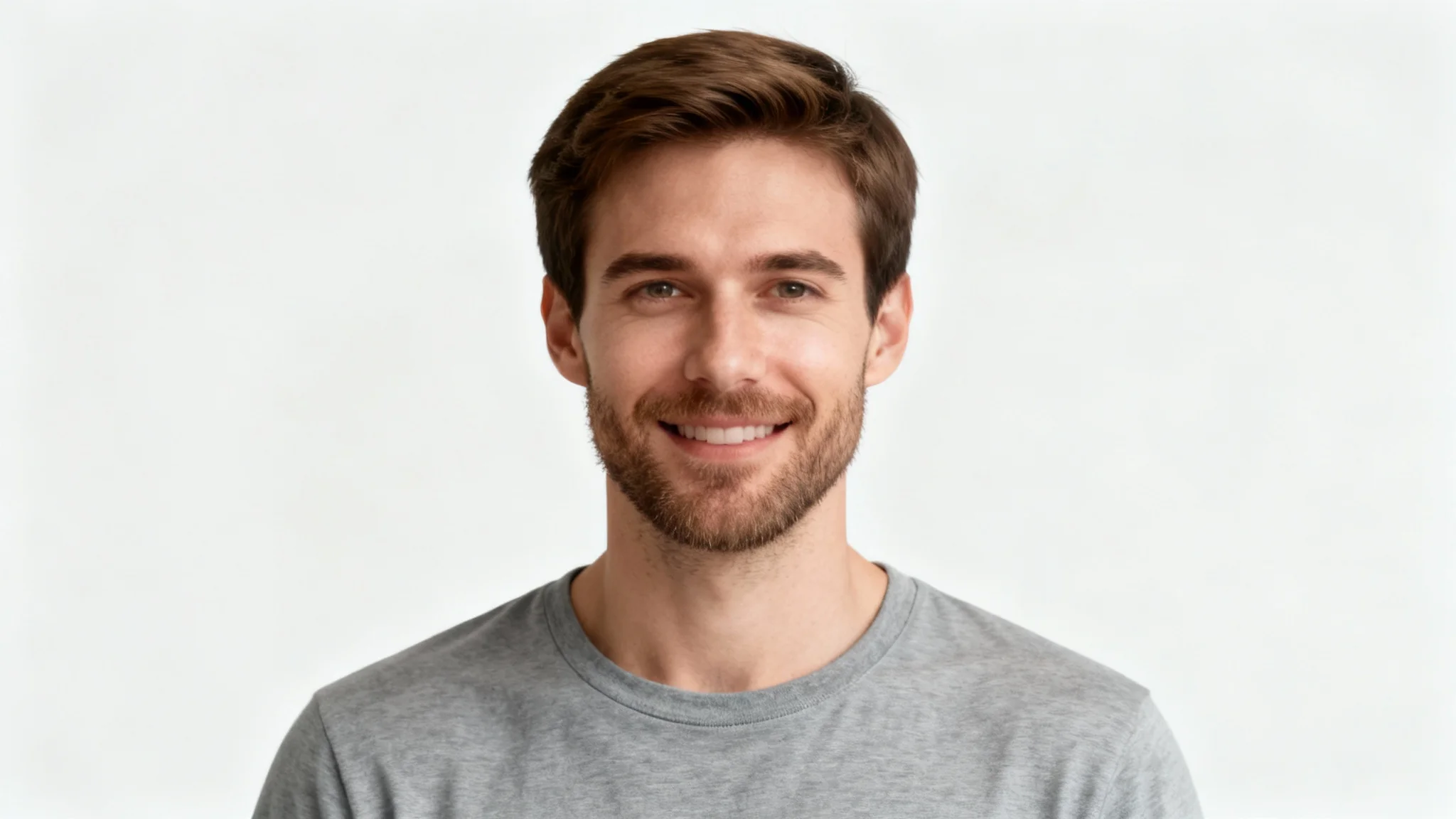 A professional, high-quality headshot of a man with short brown hair and a light beard, suitable for a driver's license photo, set against a plain off-white background.