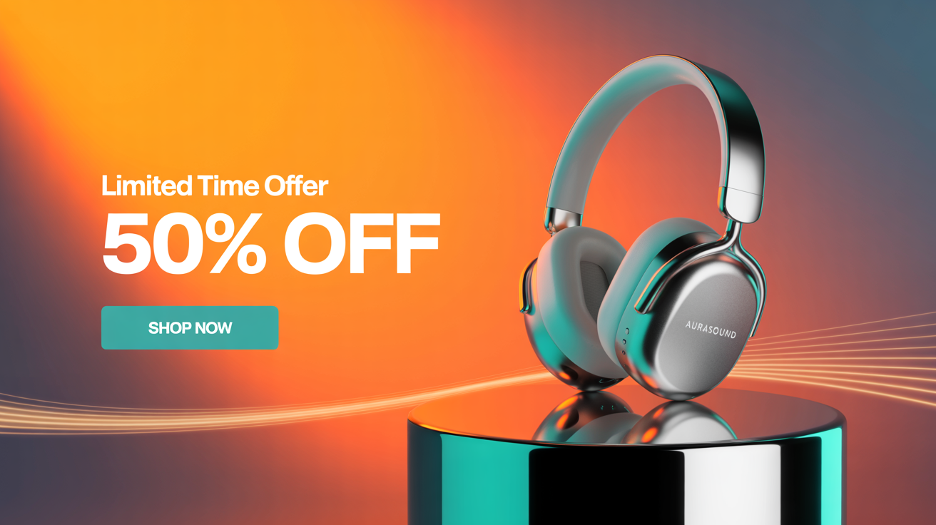 A professional 16:9 hero banner advertising a limited time offer. The banner shows a modern tech product against a vibrant gradient background with text that says 'LIMITED TIME OFFER', '50% OFF', and a 'SHOP NOW' button.