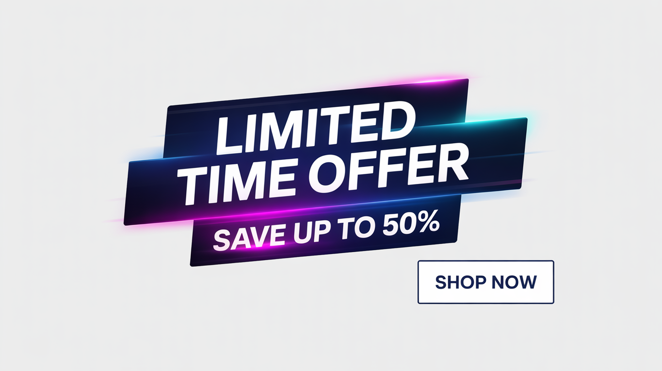 A professional-looking 'Limited Time Offer' banner with navy blue, magenta, and white colors, advertising savings up to 50% and a 'Shop Now' button.