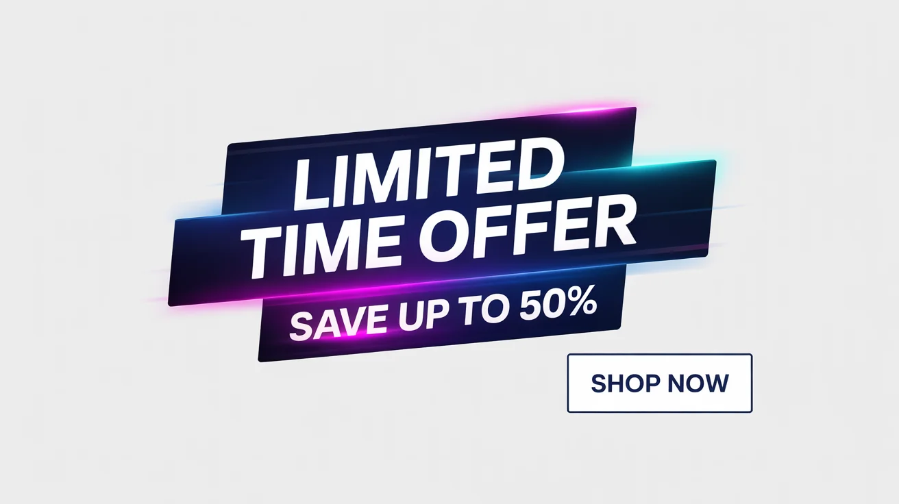 A professional-looking 'Limited Time Offer' banner with navy blue, magenta, and white colors, advertising savings up to 50% and a 'Shop Now' button.