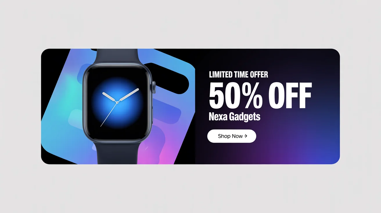 A professionally designed mockup of a limited time offer banner for 'NEXA GADGETS', advertising '50% OFF' with an image of a modern smartwatch on a blue and purple gradient background.