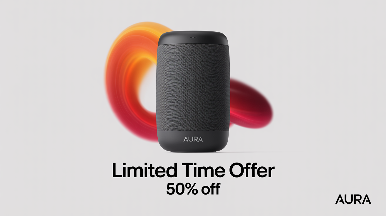 A modern banner advertising a 'Limited Time Offer' of '50% OFF', featuring a sleek black speaker against a white background with an orange and red color splash.