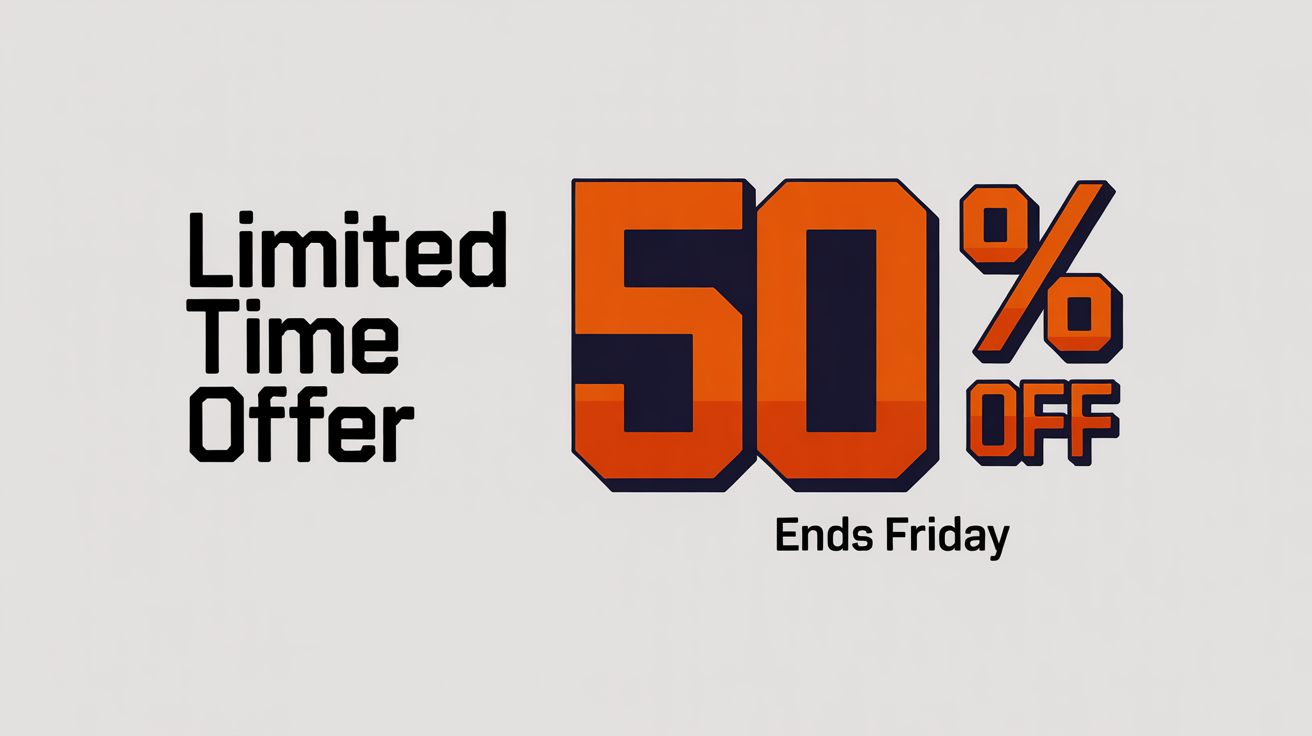 A modern, horizontal web banner mockup advertising a limited time offer. The banner is orange and navy blue and reads 'LIMITED TIME OFFER' and '50% OFF'.