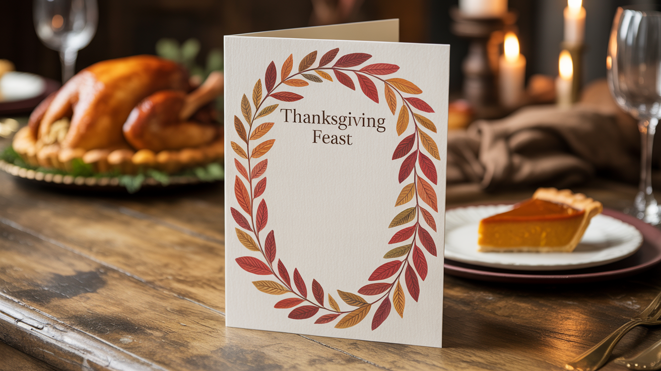 A beautifully designed Thanksgiving menu featuring elegant typography and autumn-themed illustrations like leaves and a roasted turkey, set on a rustic wooden background.