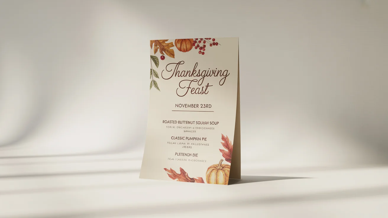 An elegant Thanksgiving menu design mockup on a white background, featuring autumnal illustrations and classic Thanksgiving dishes like turkey and pumpkin pie listed in stylish fonts.