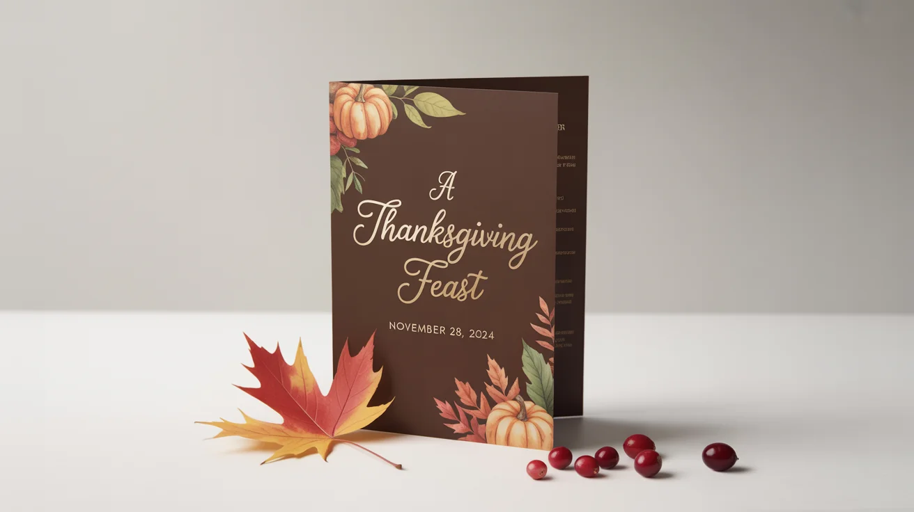 An elegant Thanksgiving menu card with gold foil text 'A Thanksgiving Feast', displayed on a white background with autumn-themed decorations.
