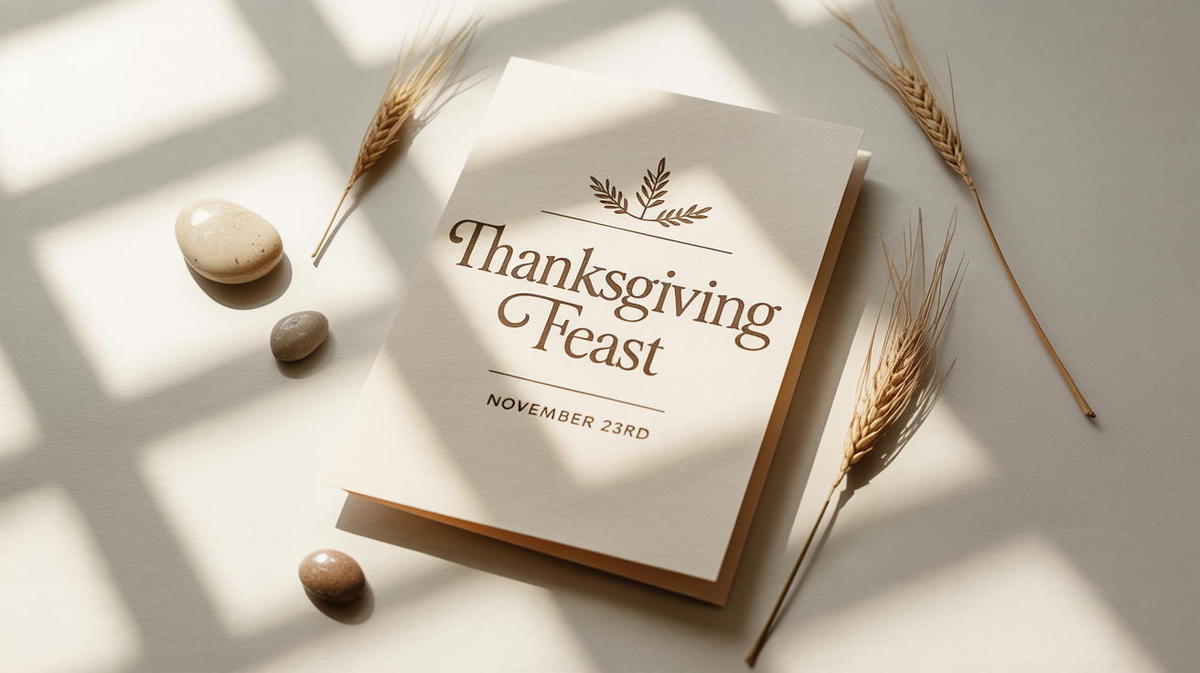An elegant Thanksgiving menu mockup on a white background, featuring autumnal colors, gold script for the title 'Thanksgiving Feast', and illustrations of pumpkins and leaves.