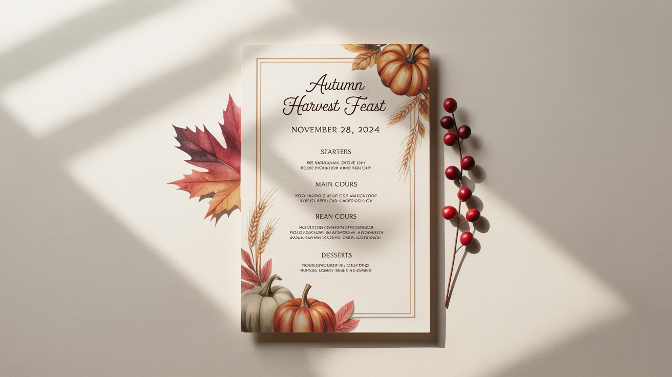 A professionally designed Thanksgiving menu mockup on a white background, featuring elegant typography and watercolor illustrations of pumpkins and autumn leaves.